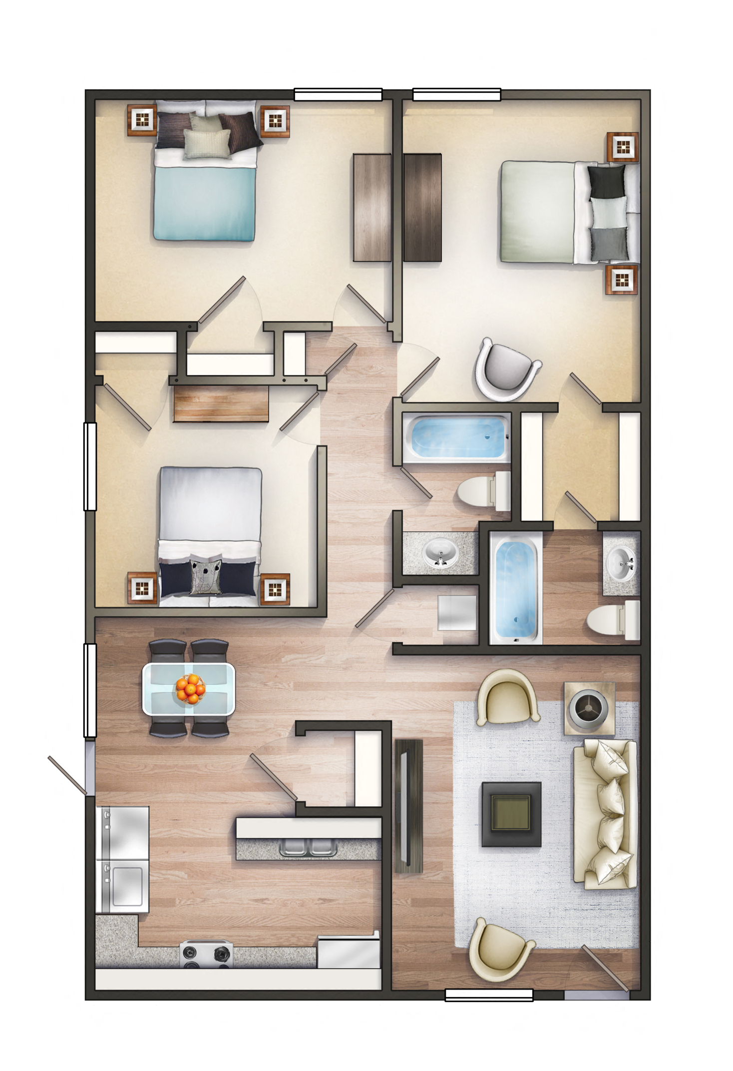Floor plan for 3 beds, 2 baths, 950 sqft